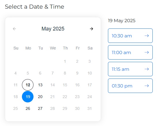 booking page for students