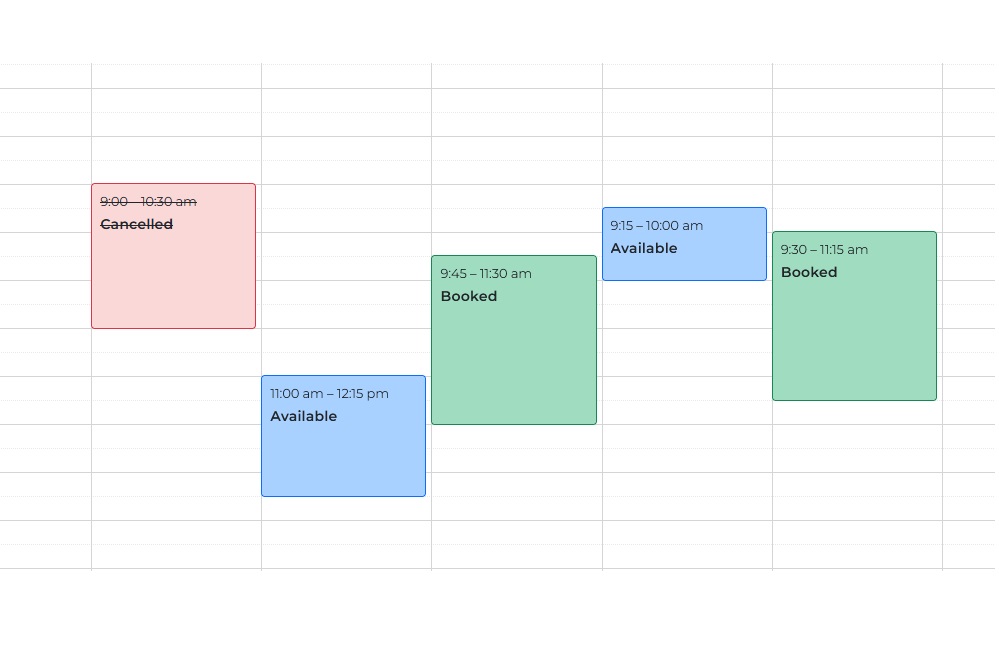 Calendar with booked and available lessons