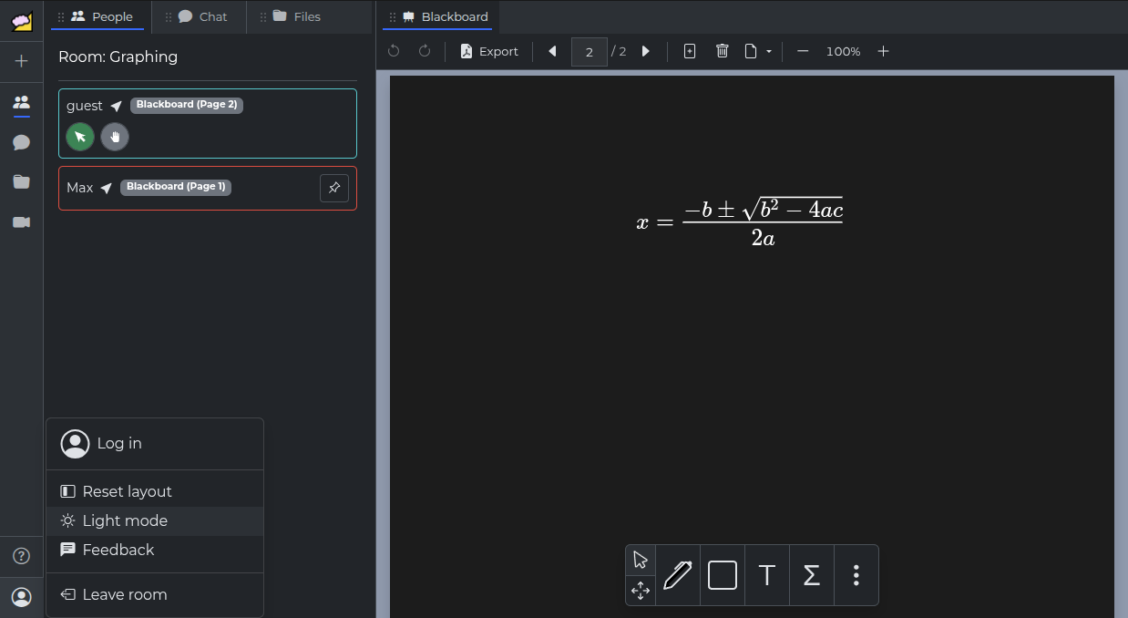 A Kedyou room in dark mode, with the People panel showing who is on each page and a workspace named Blackboard showing the quadratic formula in white on a dark page