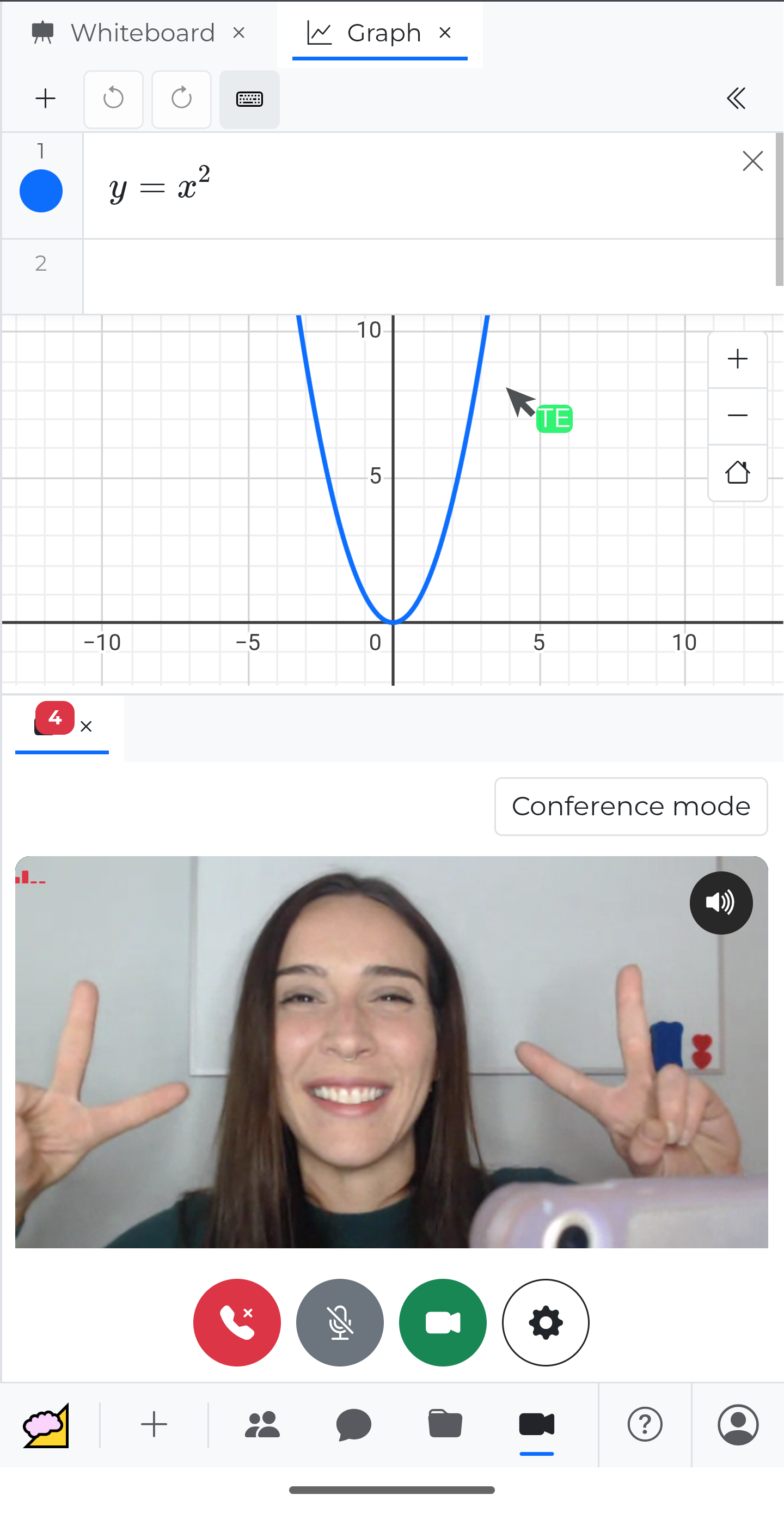 Kedyou on a phone, with a Graph workspace showing y = x² and another person's cursor at the top, the video call panel underneath, and the room's icons in a strip along the bottom
