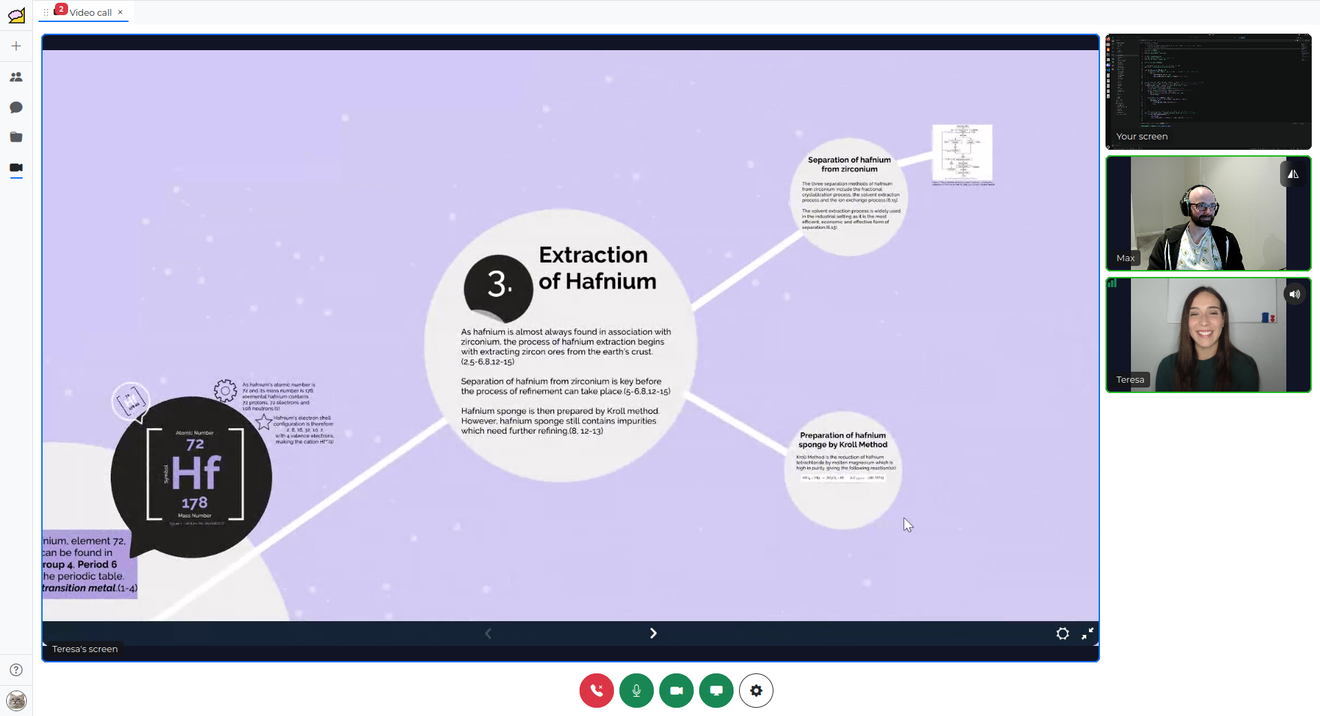A video call with a shared screen of a presentation in the spotlight, and tiles for your own screen share, two cameras in a strip down the right